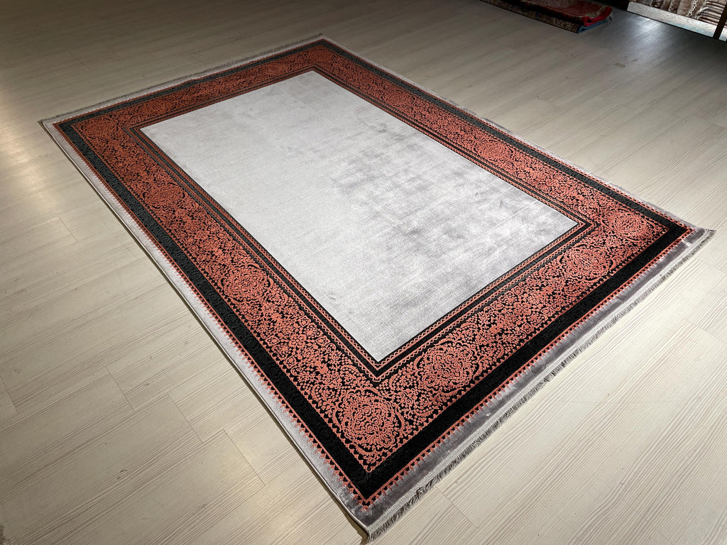 5x8 ft Coral Border Bamboo Rug, Modern Area Rug, Neutral Living Room Carpet