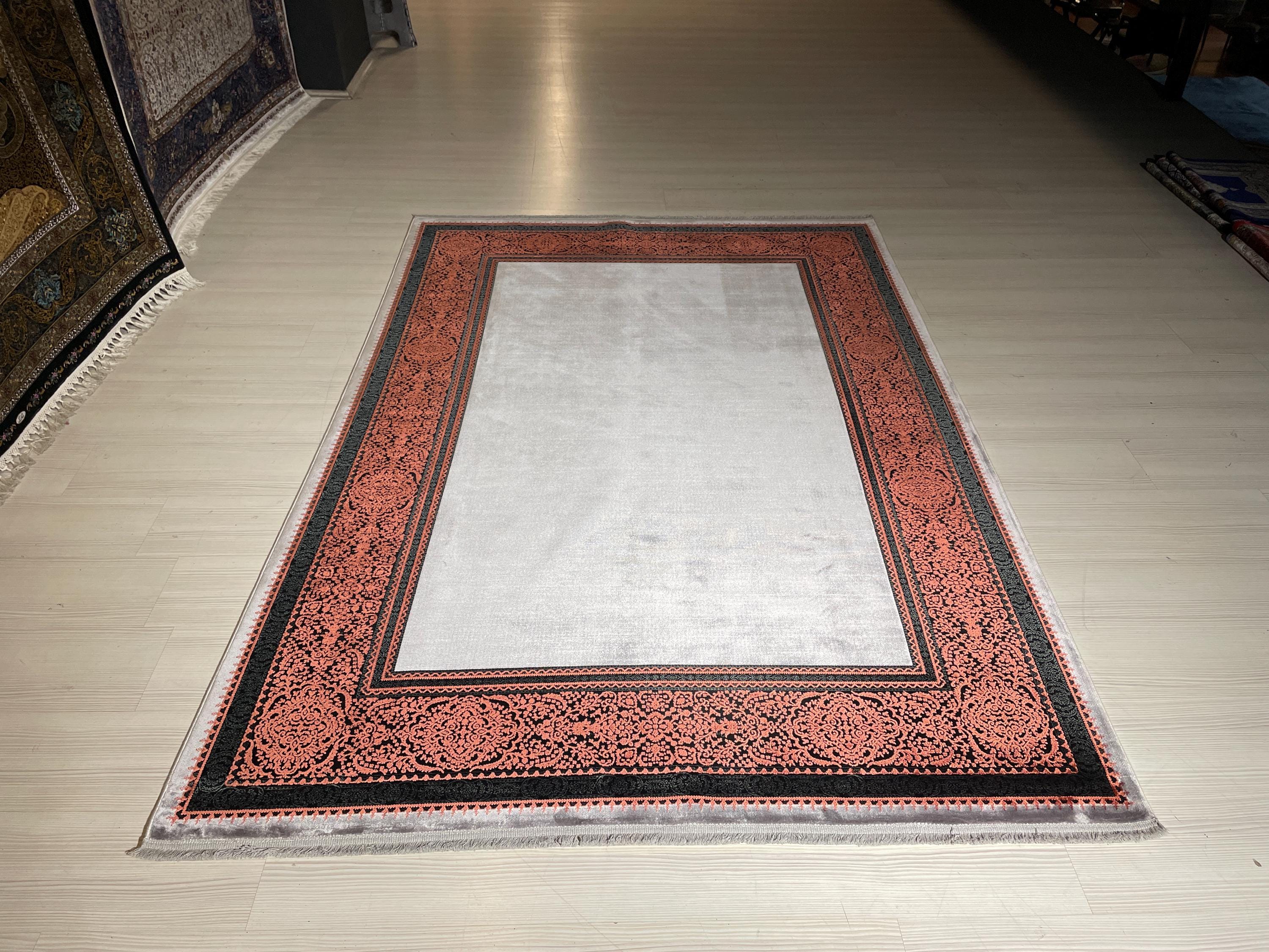 5x8 ft Coral Border Bamboo Rug, Modern Area Rug, Neutral Living Room Carpet