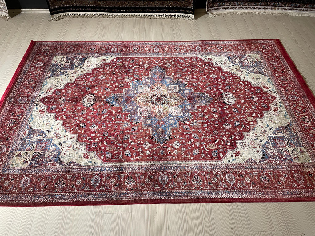 5x8 ft Red Medallion Bamboo Rug, Vintage Area Rug, Traditional Living Room Carpet