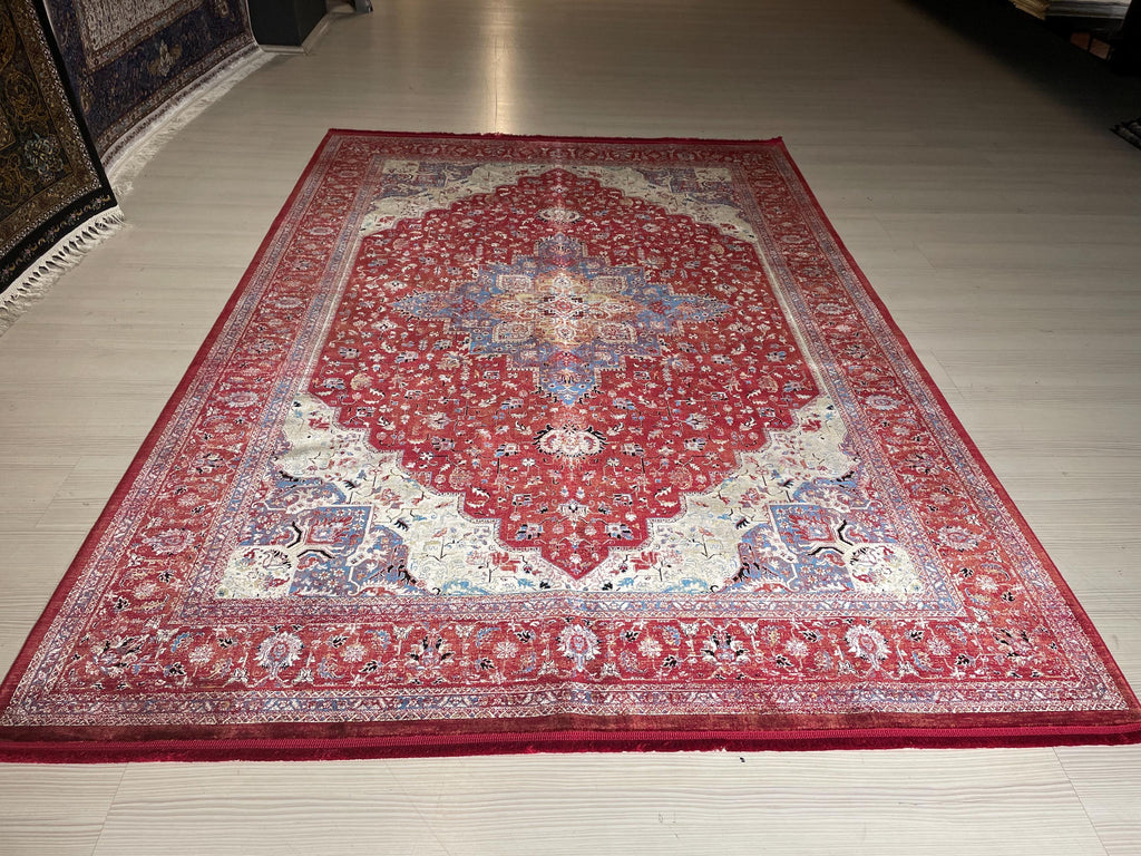 5x8 ft Red Medallion Bamboo Rug, Vintage Area Rug, Traditional Living Room Carpet