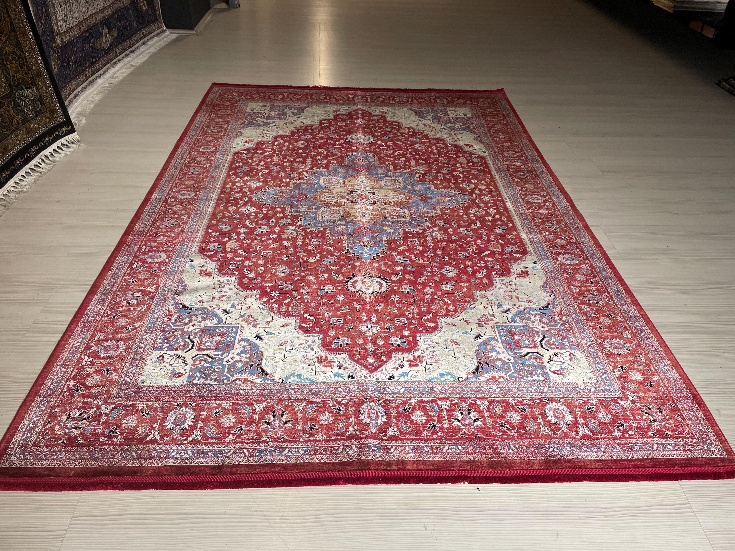 5x8 ft Red Medallion Bamboo Rug, Vintage Area Rug, Traditional Living Room Carpet