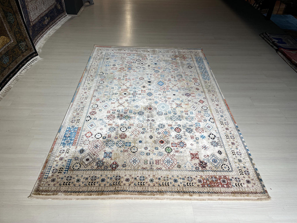 5x8 ft Ivory Tribal Bamboo Rug, Geometric Area Rug, Boho Living Room Carpet