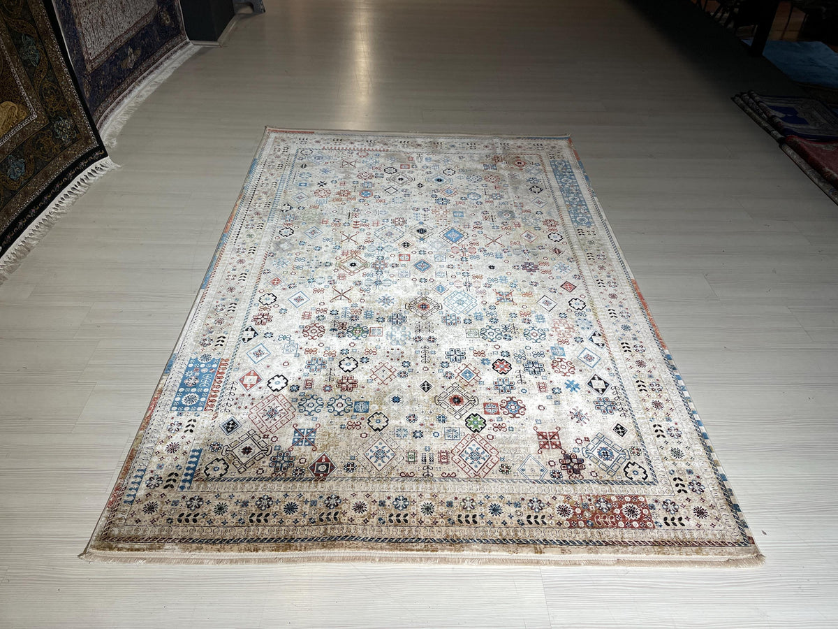 5x8 ft Ivory Tribal Bamboo Rug, Geometric Area Rug, Boho Living Room Carpet