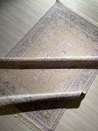 5x8 ft Ivory Navy Blue Bamboo Rug, Medallion Design, Turkish Luxury Carpet