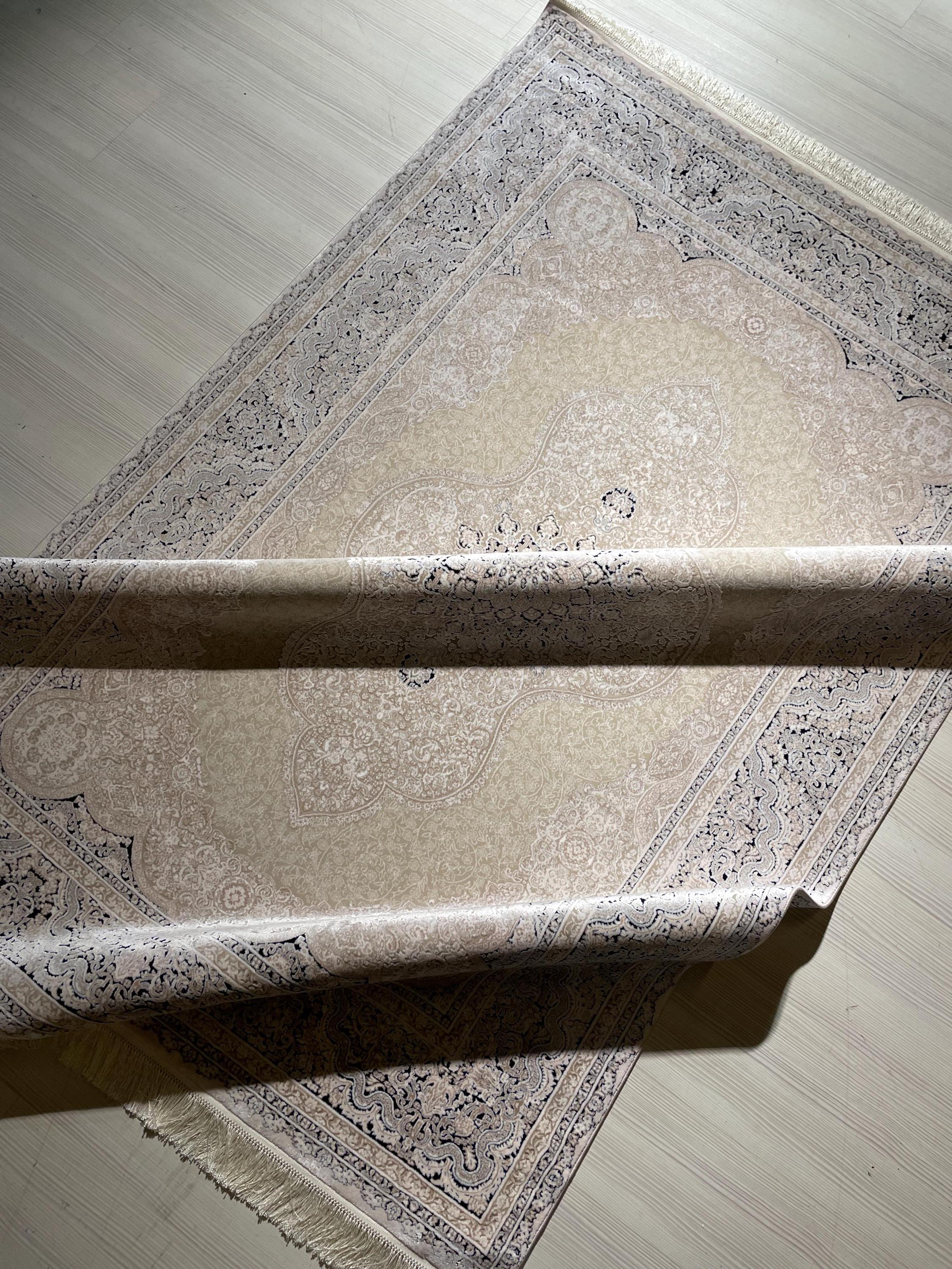 5x8 ft Ivory Navy Blue Bamboo Rug, Medallion Design, Turkish Luxury Carpet