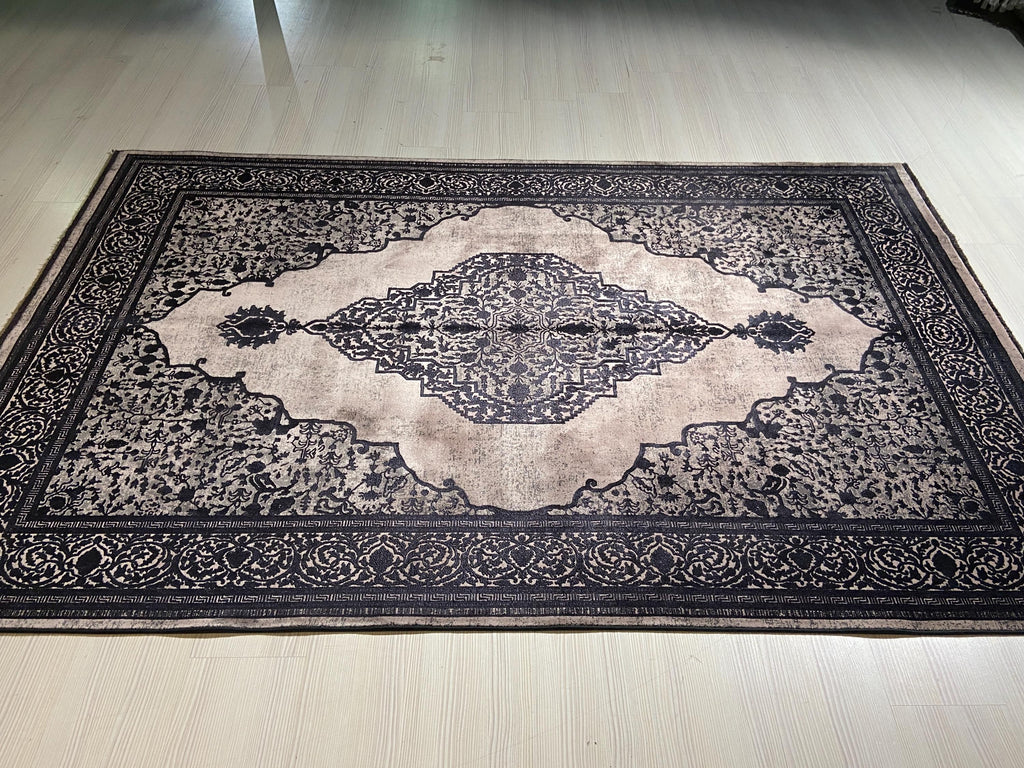 5x8 ft Black Medallion Area Rug, Bamboo Acrylic Rug, Vintage Turkish Living Room Carpet