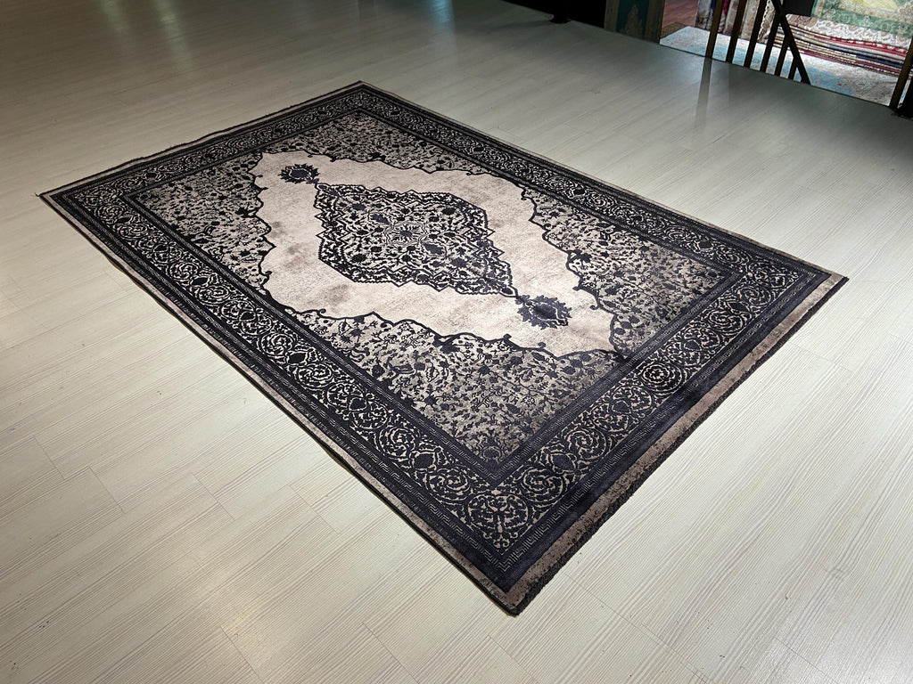 5x8 ft Black Medallion Area Rug, Bamboo Acrylic Rug, Vintage Turkish Living Room Carpet