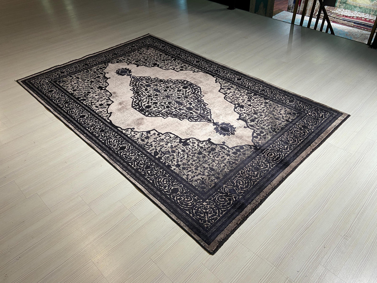 5x8 ft Black Medallion Area Rug, Bamboo Acrylic Rug, Vintage Turkish Living Room Carpet