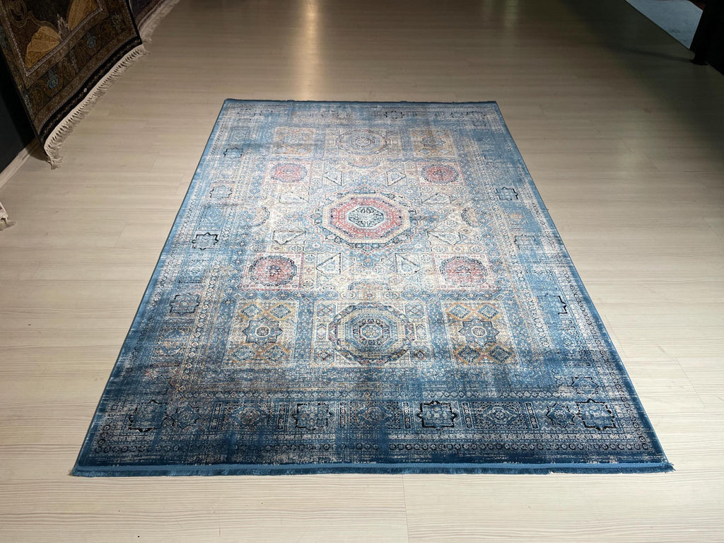 5x8 ft Bamboo Acrylic Blue Rug, Mamluk Pattern Area Rug, Vintage Geometric Living Room Carpet