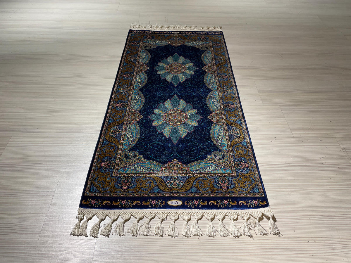 2x4 ft Navy Modal Silk Rug, Turkish Small Rug, Floral Medallion Carpet