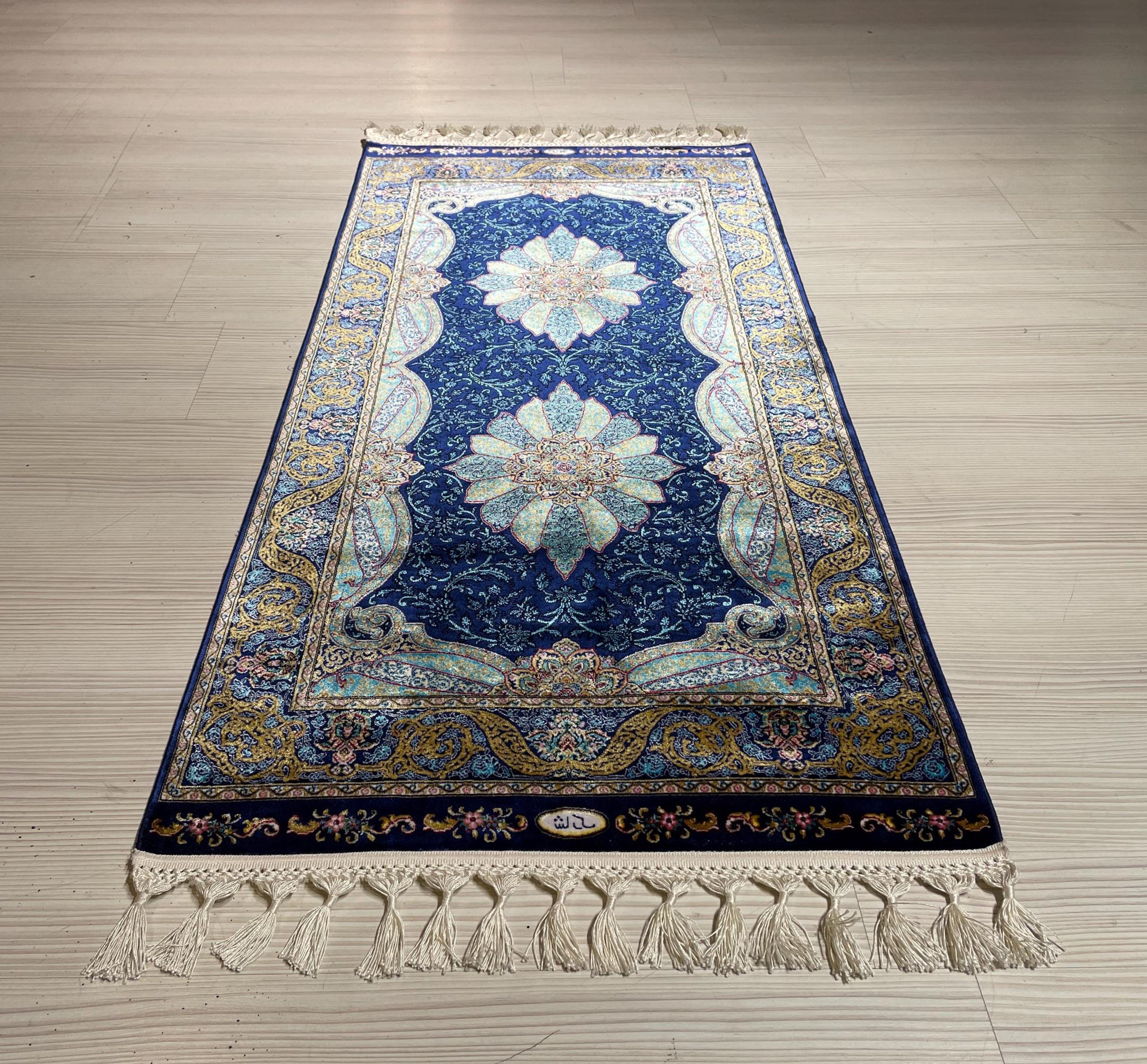 2x4 ft Navy Modal Silk Rug, Turkish Small Rug, Floral Medallion Carpet