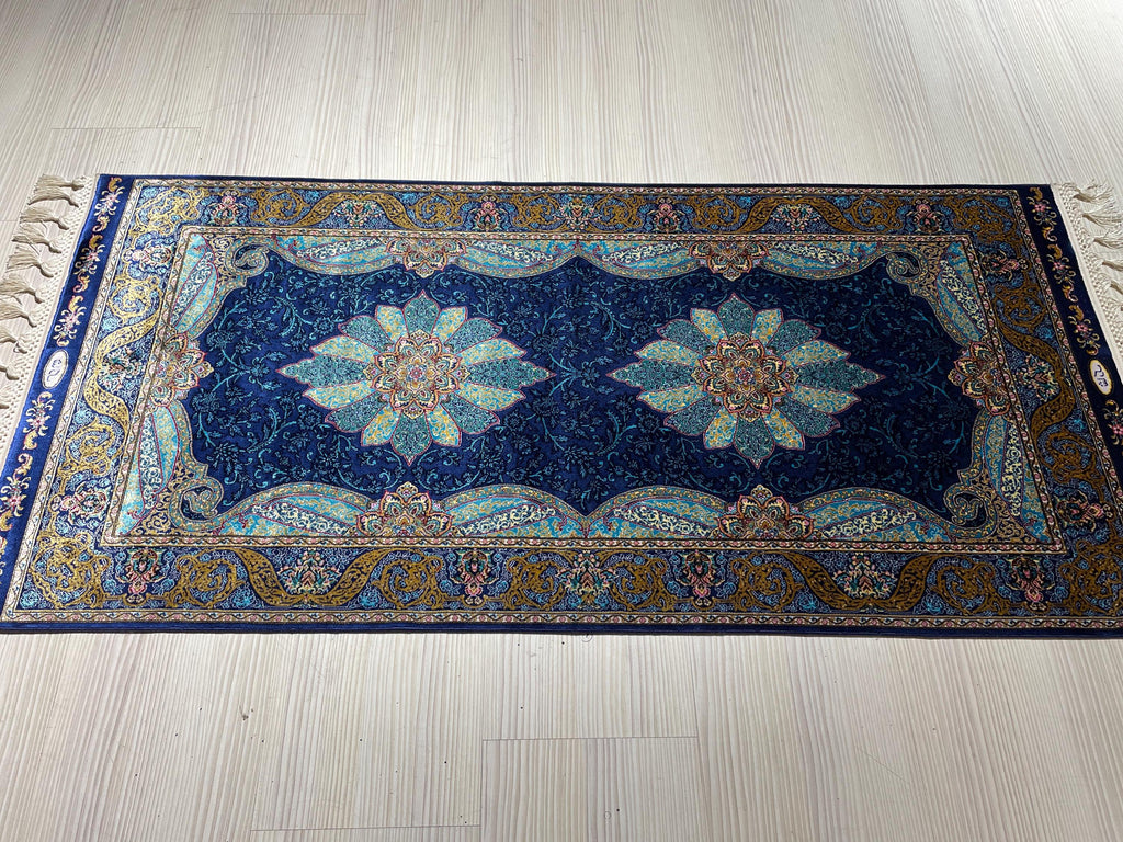 2x4 ft Navy Modal Silk Rug, Turkish Small Rug, Floral Medallion Carpet