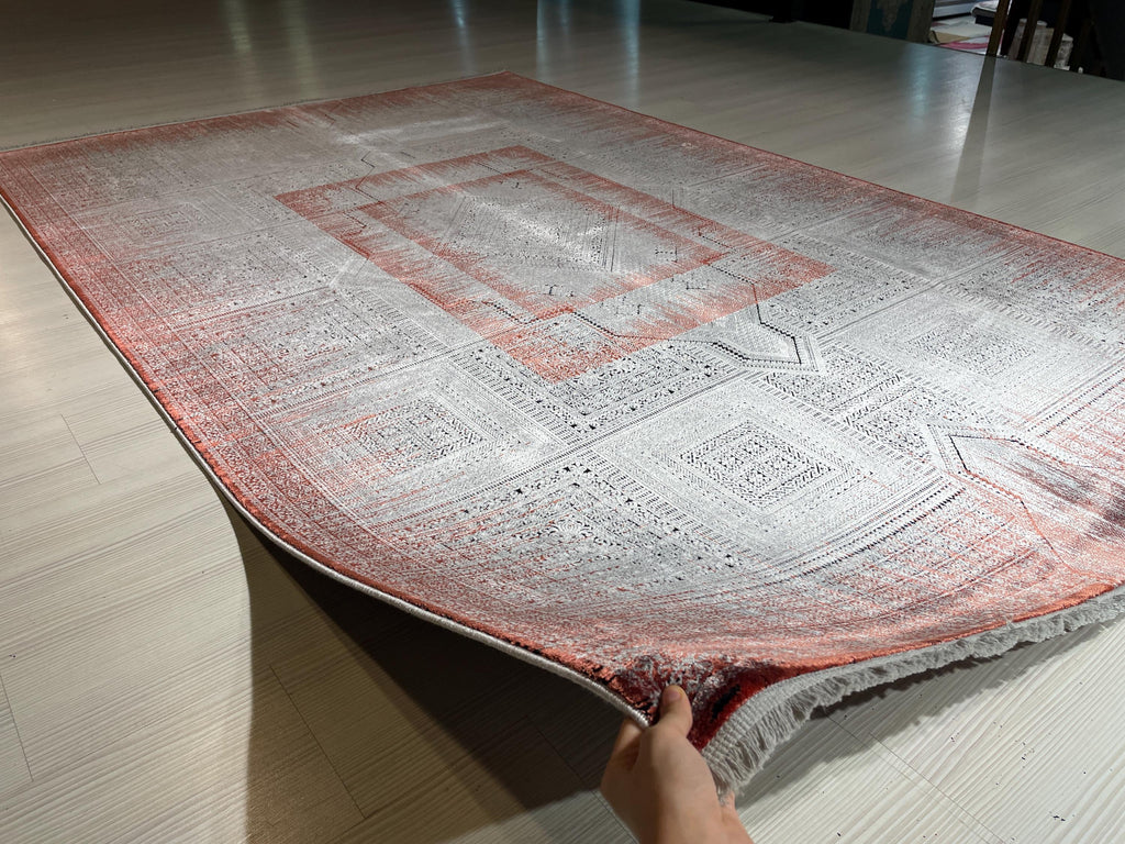 5x8 ft Copper Geometric Area Rug, Bamboo Acrylic Carpet, Modern Living Room Rug
