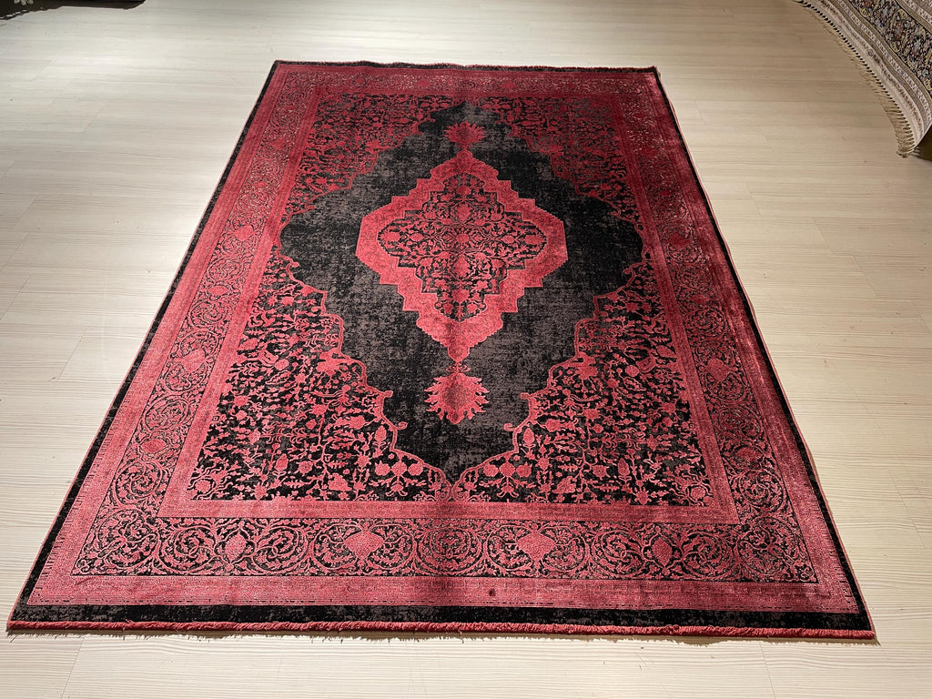 5x8 ft Red Black Vintage Medallion Rug, Bamboo Acrylic Area Rug, Living Room Carpet