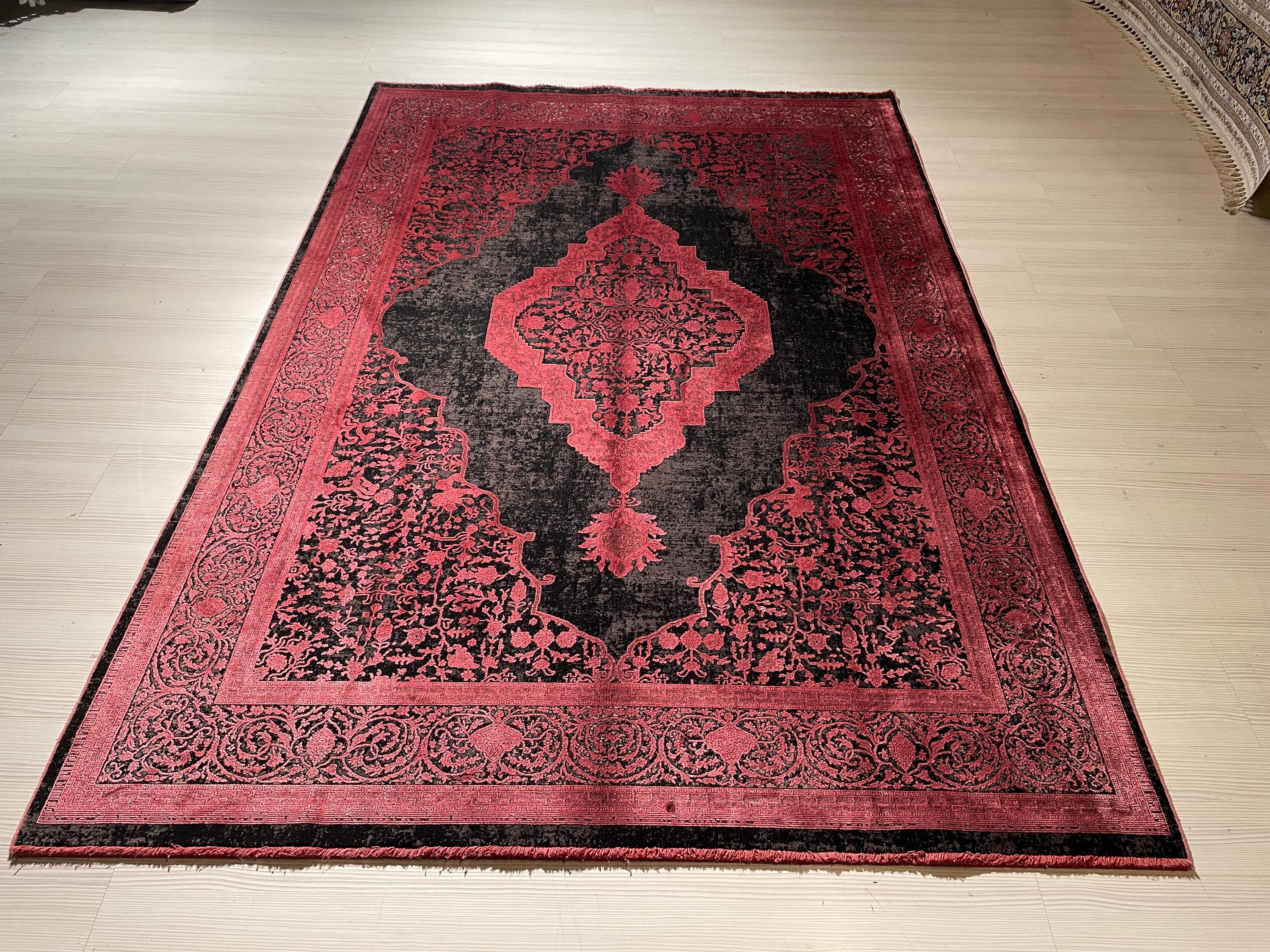 5x8 ft Red Black Vintage Medallion Rug, Bamboo Acrylic Area Rug, Living Room Carpet