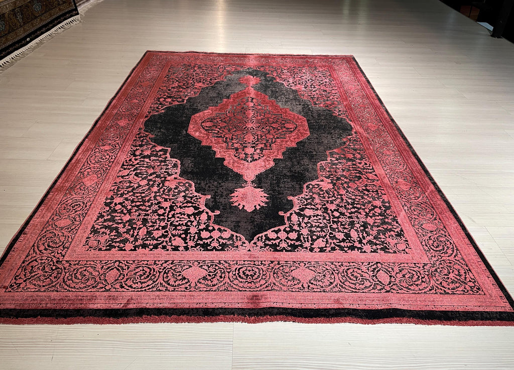 5x8 ft Red Black Vintage Medallion Rug, Bamboo Acrylic Area Rug, Living Room Carpet