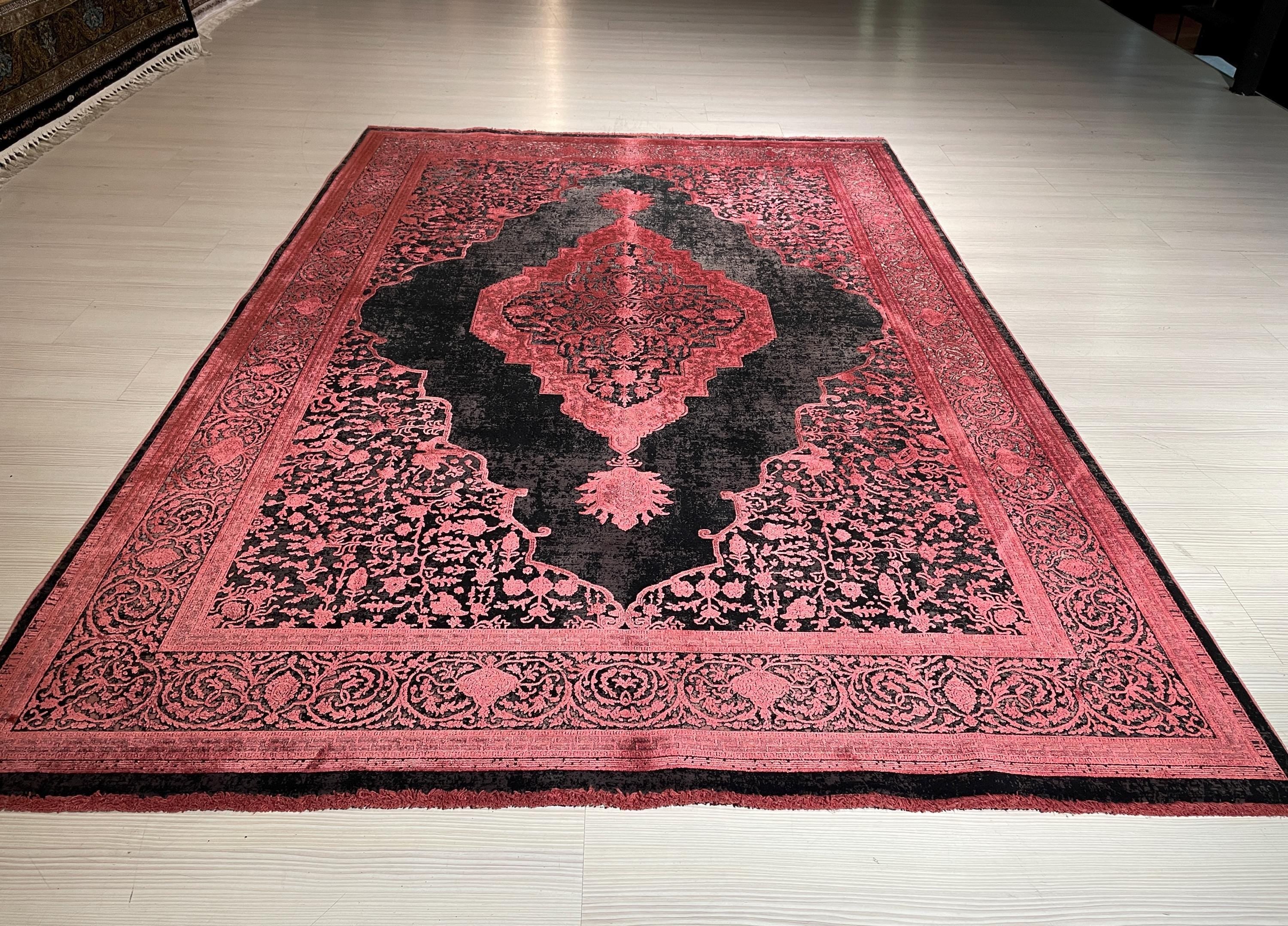 5x8 ft Red Black Vintage Medallion Rug, Bamboo Acrylic Area Rug, Living Room Carpet