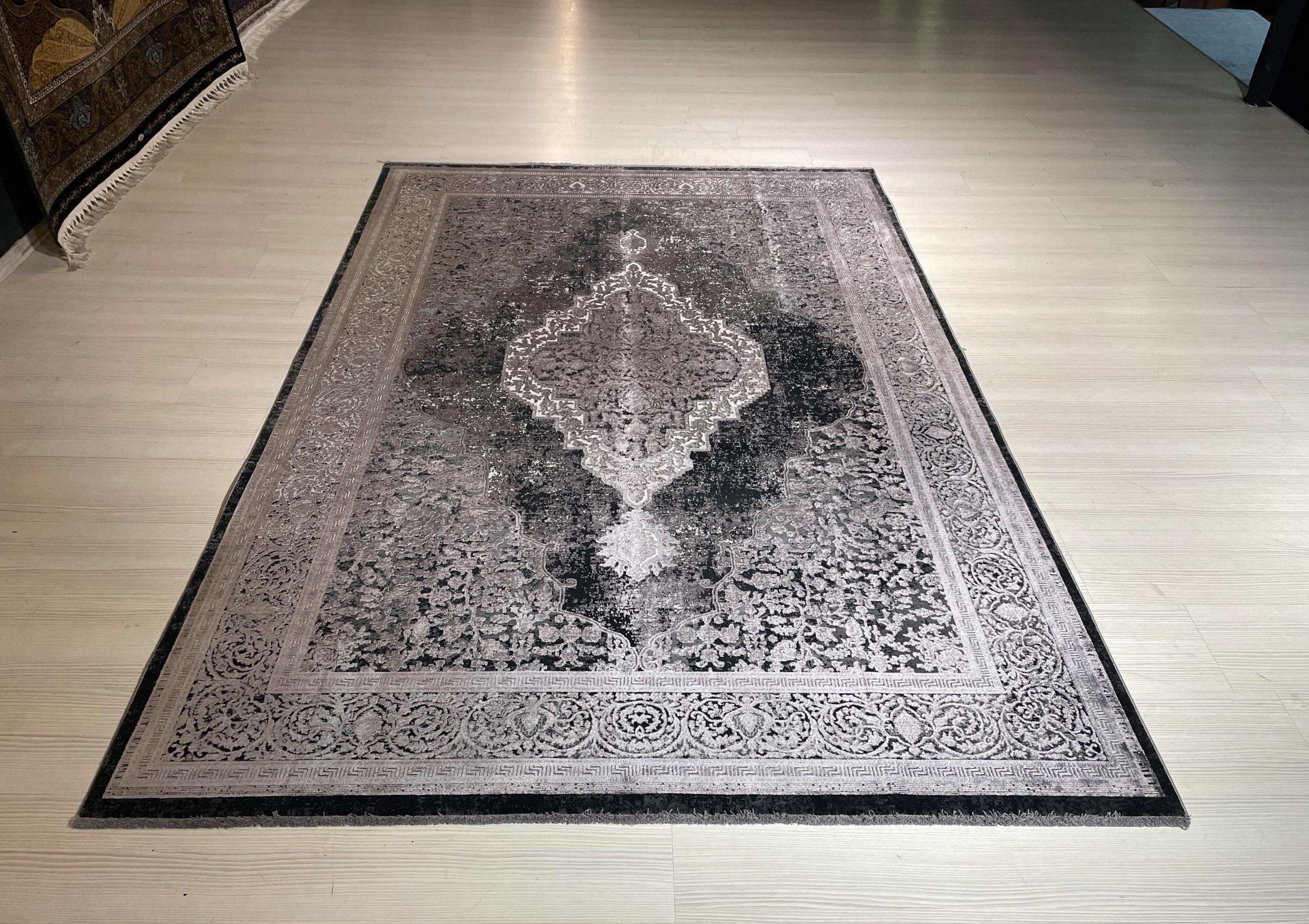 5x8 ft Charcoal Medallion Rug, Bamboo Acrylic Area Rug, Vintage Living Room Carpet