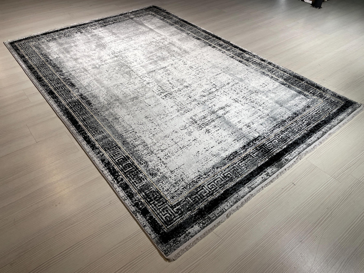 5x8 ft Modern Gray Border Rug, Bamboo Acrylic Area Rug, Minimalist Living Room Carpet