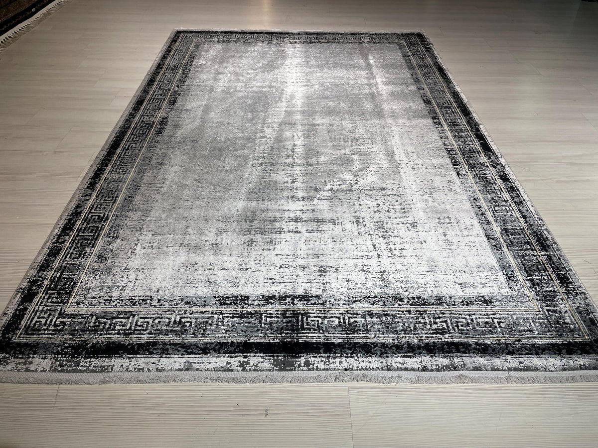 5x8 ft Modern Gray Border Rug, Bamboo Acrylic Area Rug, Minimalist Living Room Carpet