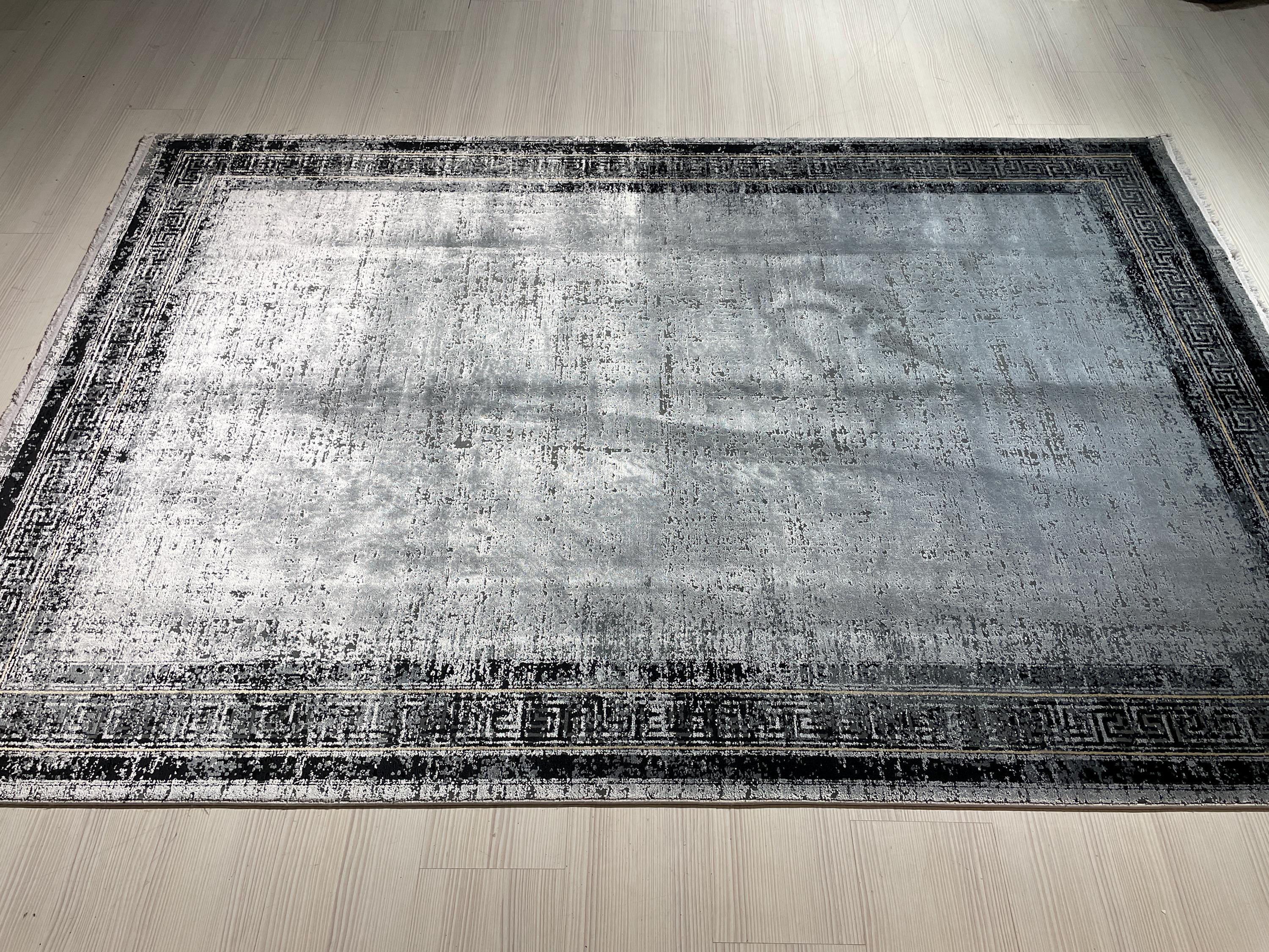5x8 ft Modern Gray Border Rug, Bamboo Acrylic Area Rug, Minimalist Living Room Carpet