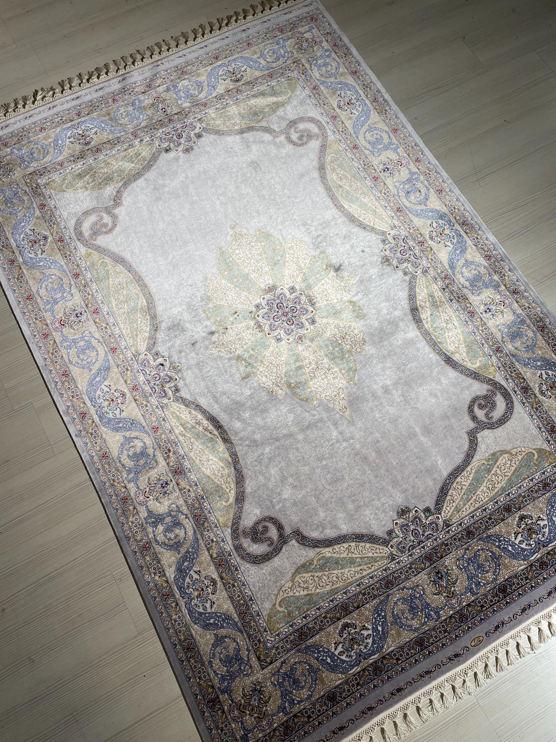 5x8 ft Gray Floral Medallion Modal Silk Rug, Luxury Living Room Area Rug