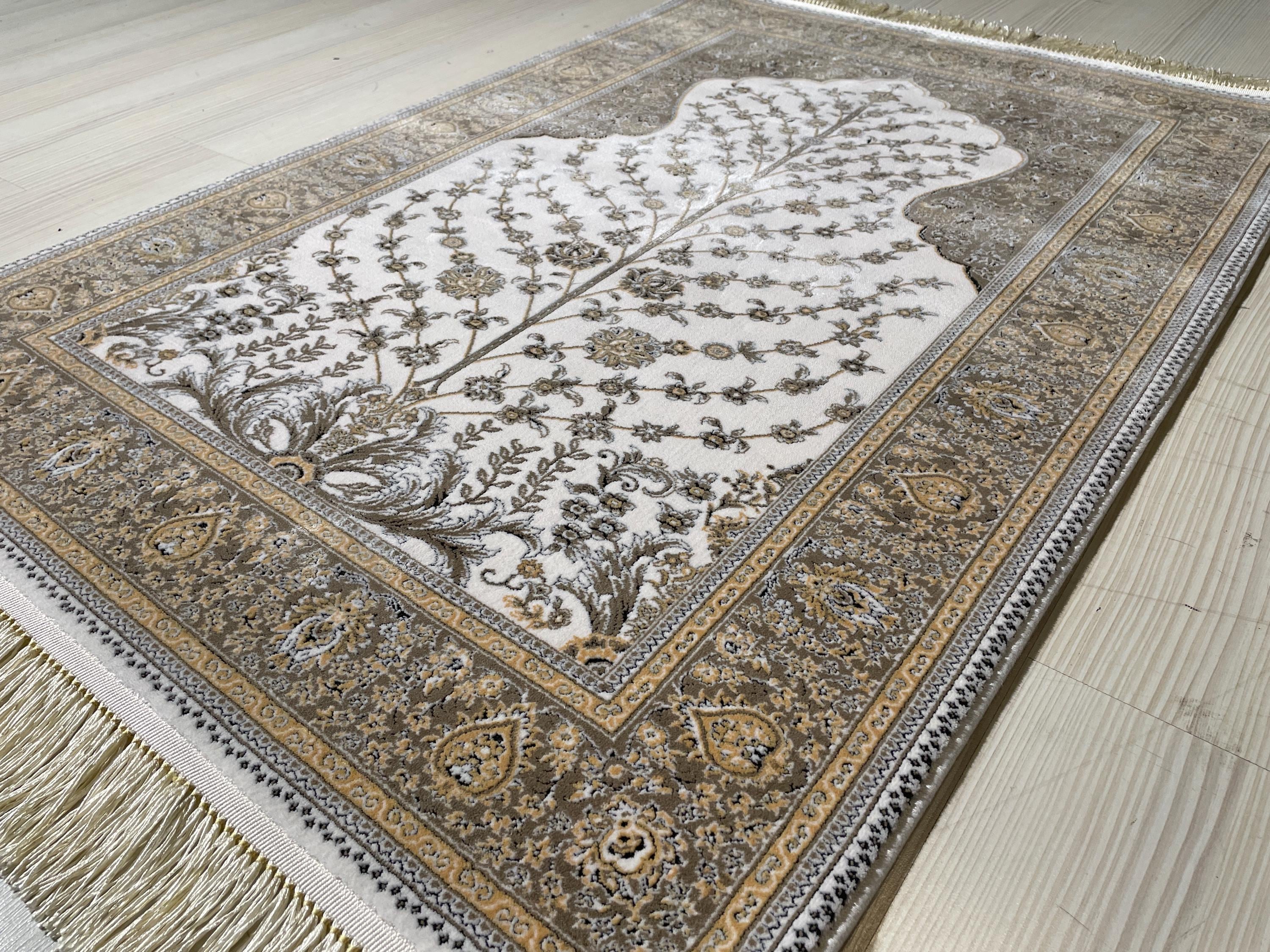 Tree of Life Bamboo Prayer Rug, Islamic Turkish Prayer Mat, Beige Floral Sajjadah