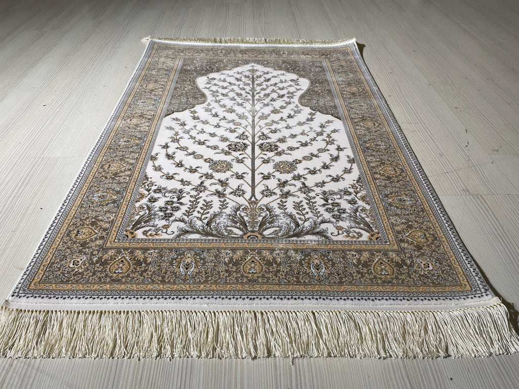 Tree of Life Bamboo Prayer Rug, Islamic Turkish Prayer Mat, Beige Floral Sajjadah