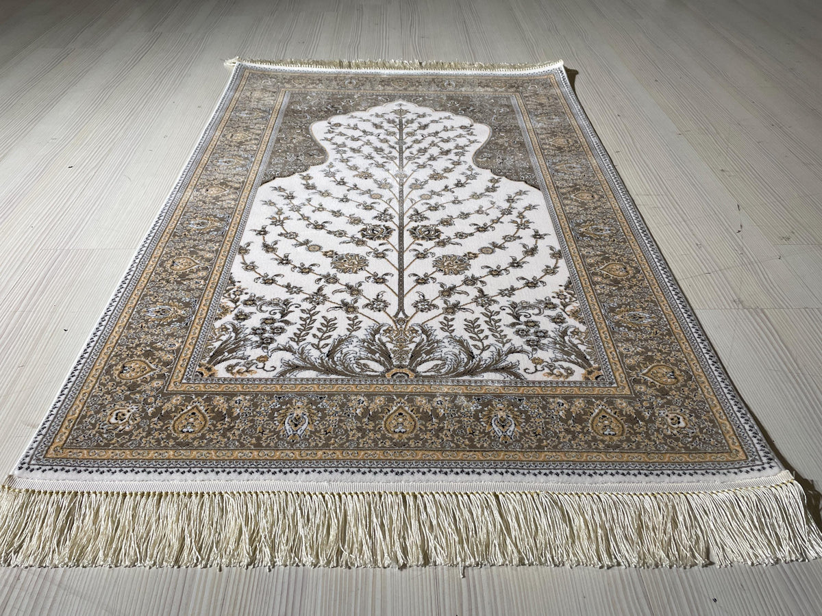 Tree of Life Bamboo Prayer Rug, Islamic Turkish Prayer Mat, Beige Floral Sajjadah