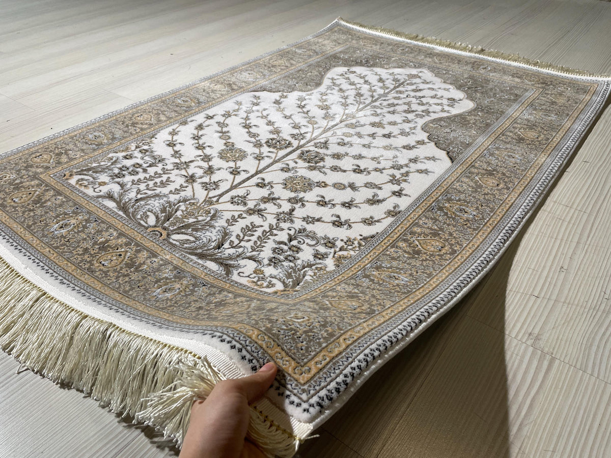 Tree of Life Bamboo Prayer Rug, Islamic Turkish Prayer Mat, Beige Floral Sajjadah