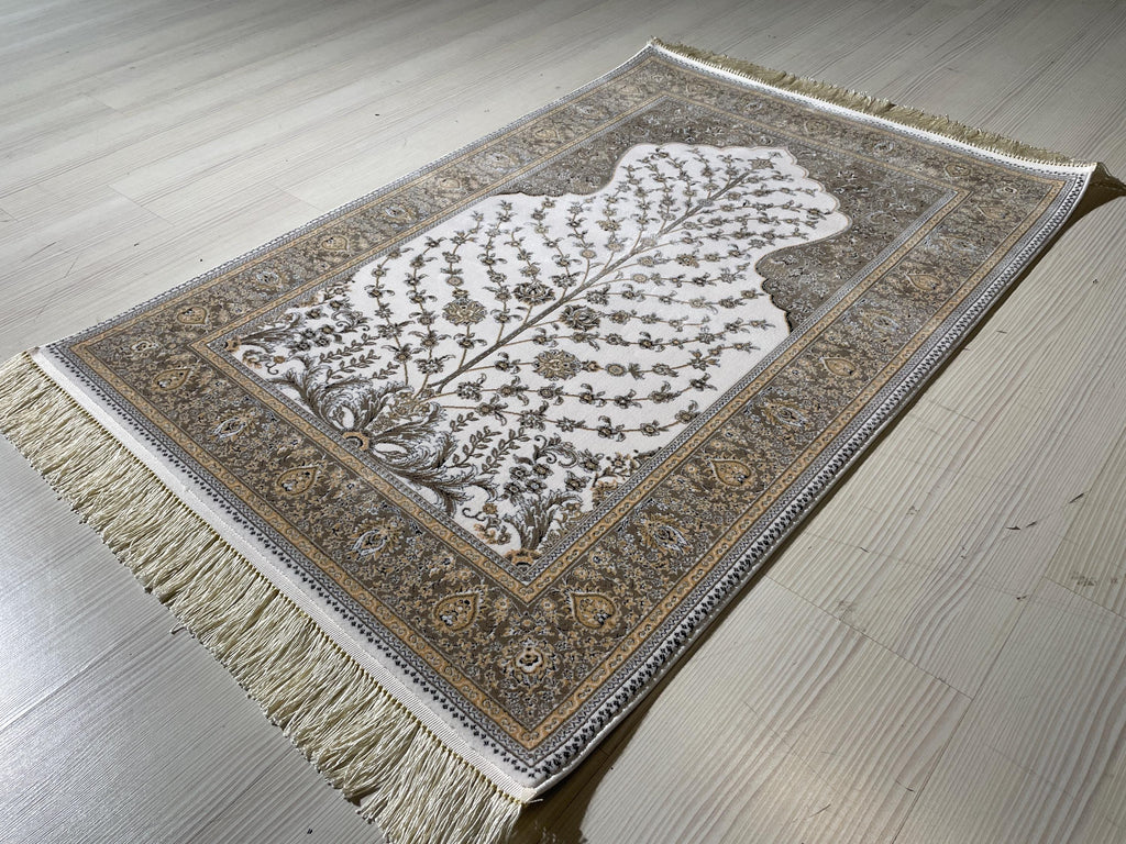 Tree of Life Bamboo Prayer Rug, Islamic Turkish Prayer Mat, Beige Floral Sajjadah