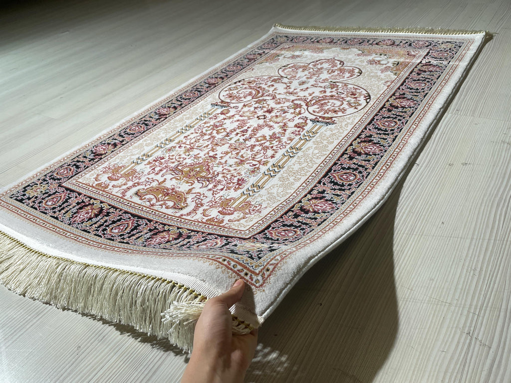Rose Mihrab Bamboo Prayer Rug, Turkish Islamic Prayer Mat, Floral Muslim Gift
