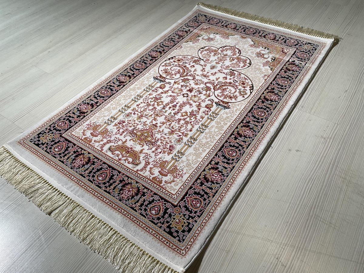 Rose Mihrab Bamboo Prayer Rug, Turkish Islamic Prayer Mat, Floral Muslim Gift