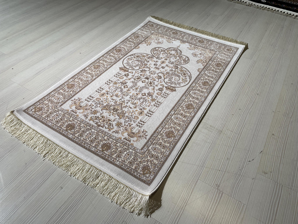 Ivory Mihrab Bamboo Silk Prayer Rug, Turkish Islamic Prayer Mat, Beige Floral Sajjadah