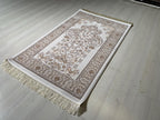 Ivory Mihrab Bamboo Silk Prayer Rug, Turkish Islamic Prayer Mat, Beige Floral Sajjadah