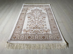 Ivory Mihrab Bamboo Silk Prayer Rug, Turkish Islamic Prayer Mat, Beige Floral Sajjadah