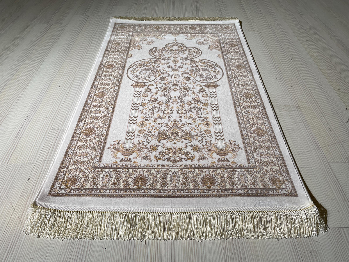 Ivory Mihrab Bamboo Silk Prayer Rug, Turkish Islamic Prayer Mat, Beige Floral Sajjadah
