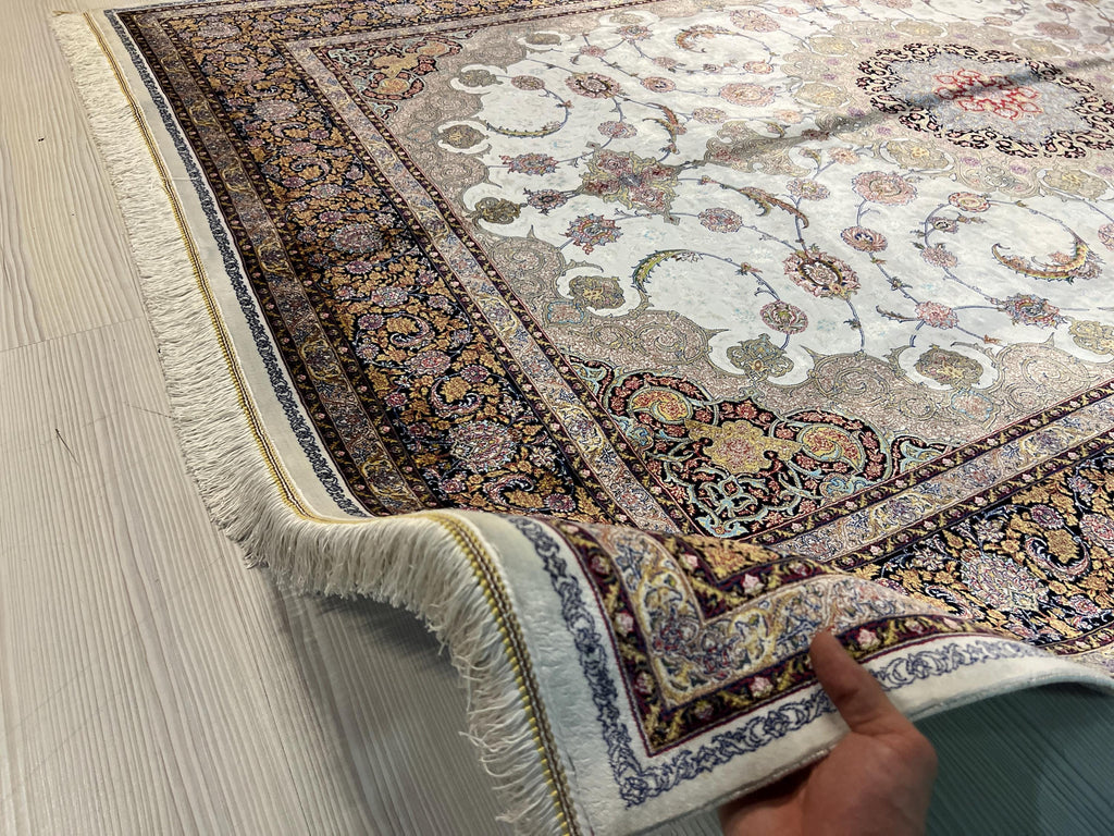 5x8 ft Ivory Silk Area Rug, Floral Medallion Design, Luxury Turkish Living Room Decor